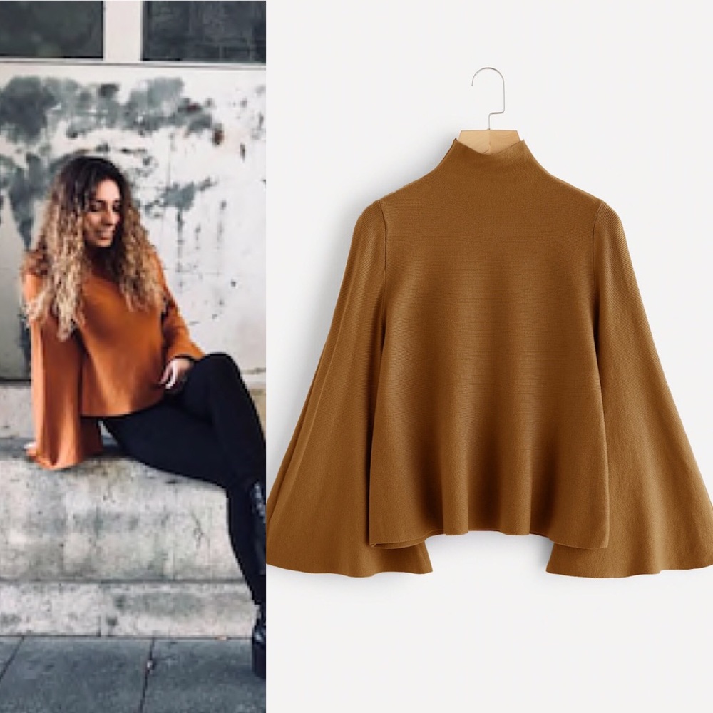 🆕mustard high neck wide sleeve knit top - Picture 2 of 8